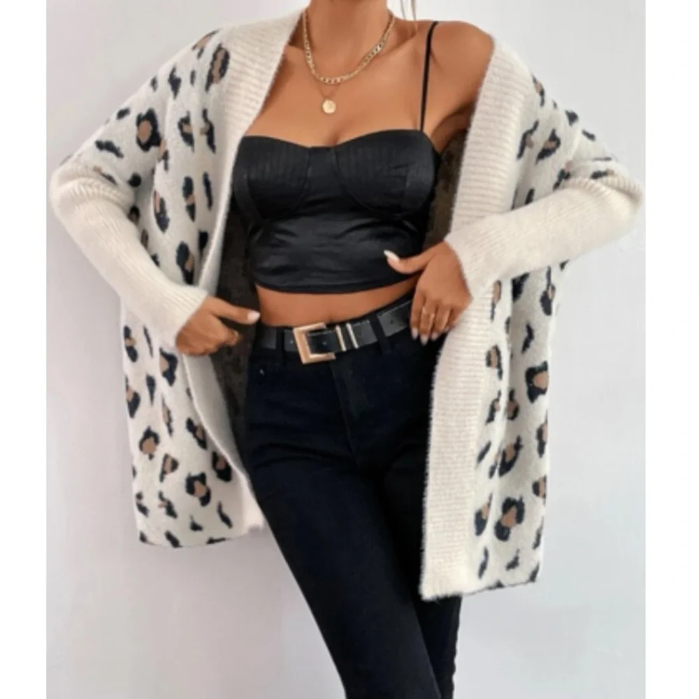 Boho leopard print open front cardigan